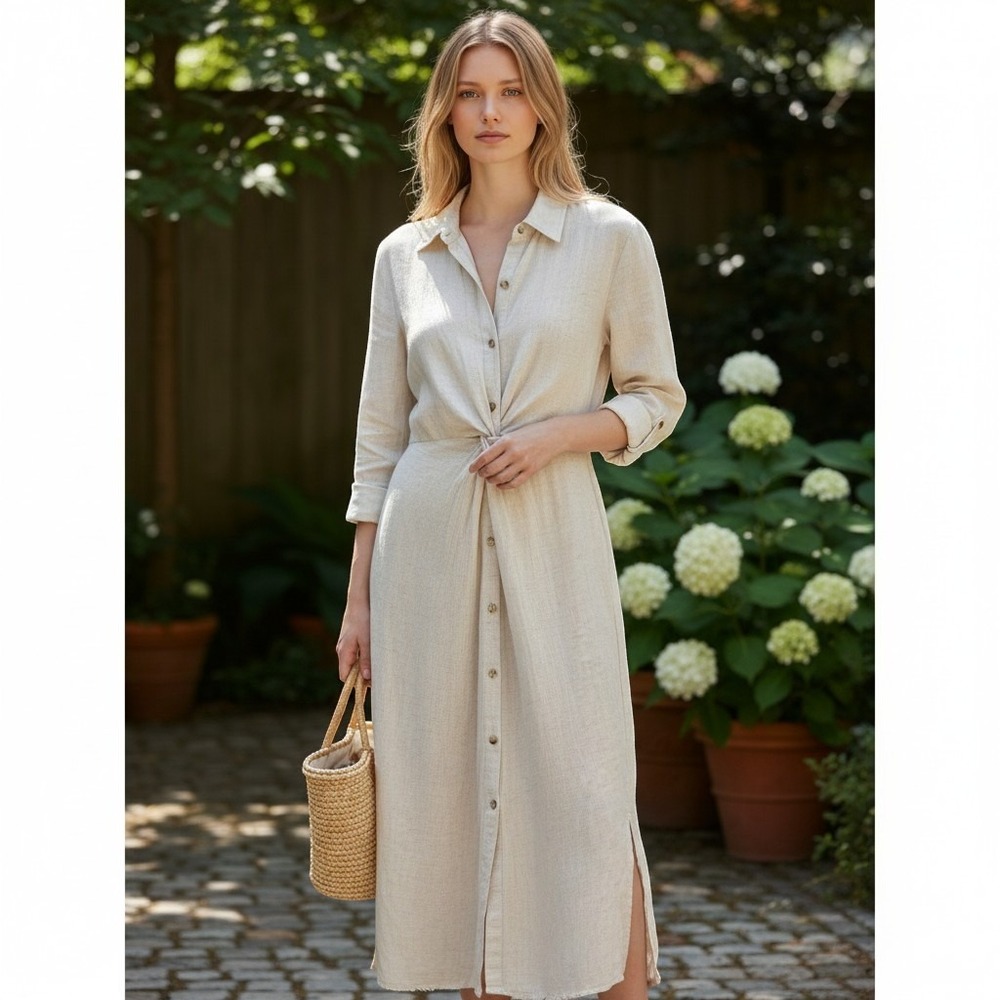 Sim & Sam Cream Linen Blend Twist Front Button Down Maxi Shirt Dress Size M